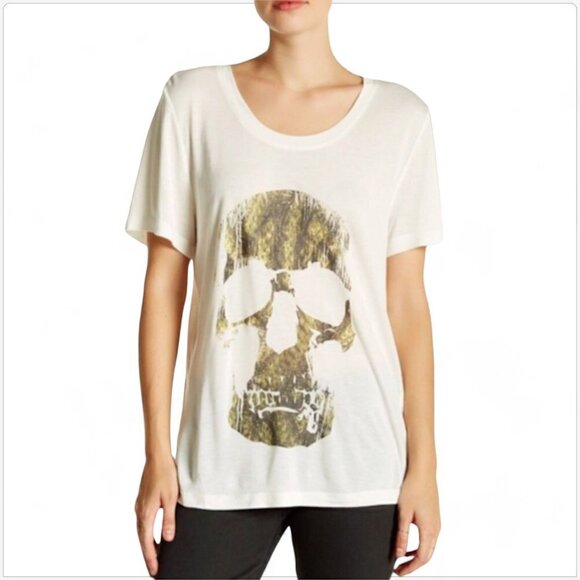 Haute Hippie Ivory Green Skull Graphic Soft Modal Knit T-Shirt Top NWT NEW XS - Picture 1 of 6